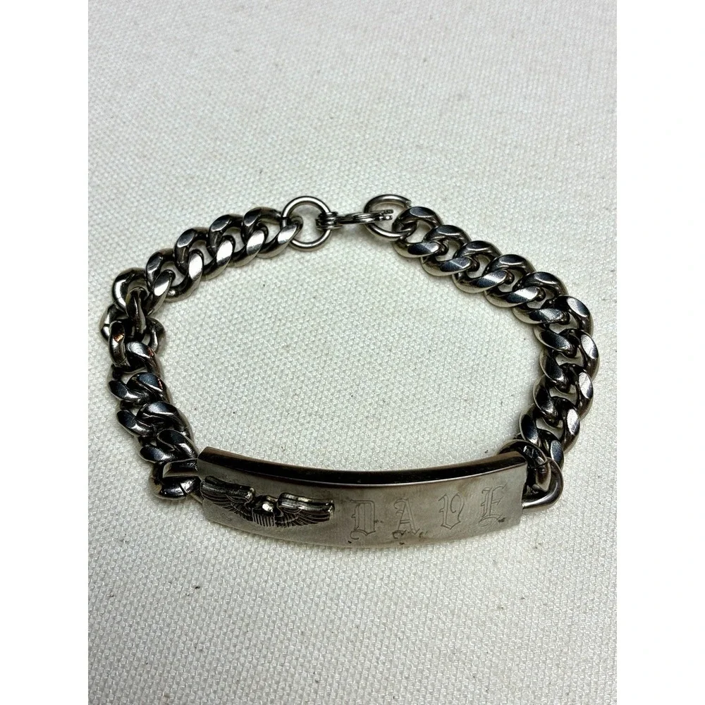 Vintage Crest Craft Nickel Silver ID Bracelet Eagle Engraved Curb Chain Military